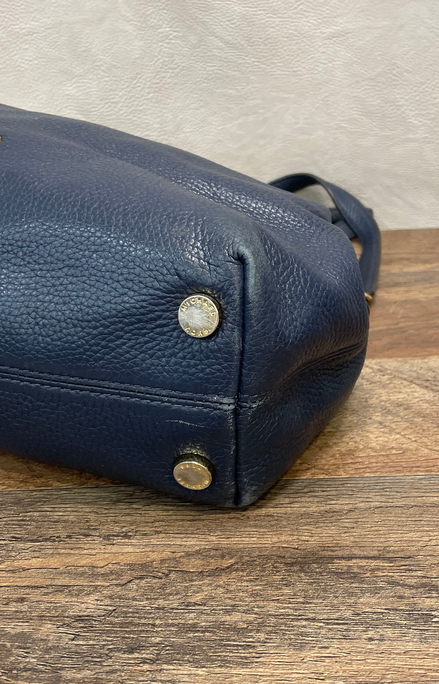 Michael Kors Navy Blue Pebbled Leather Chain Hobo Shoulder Bag Gold Hardware