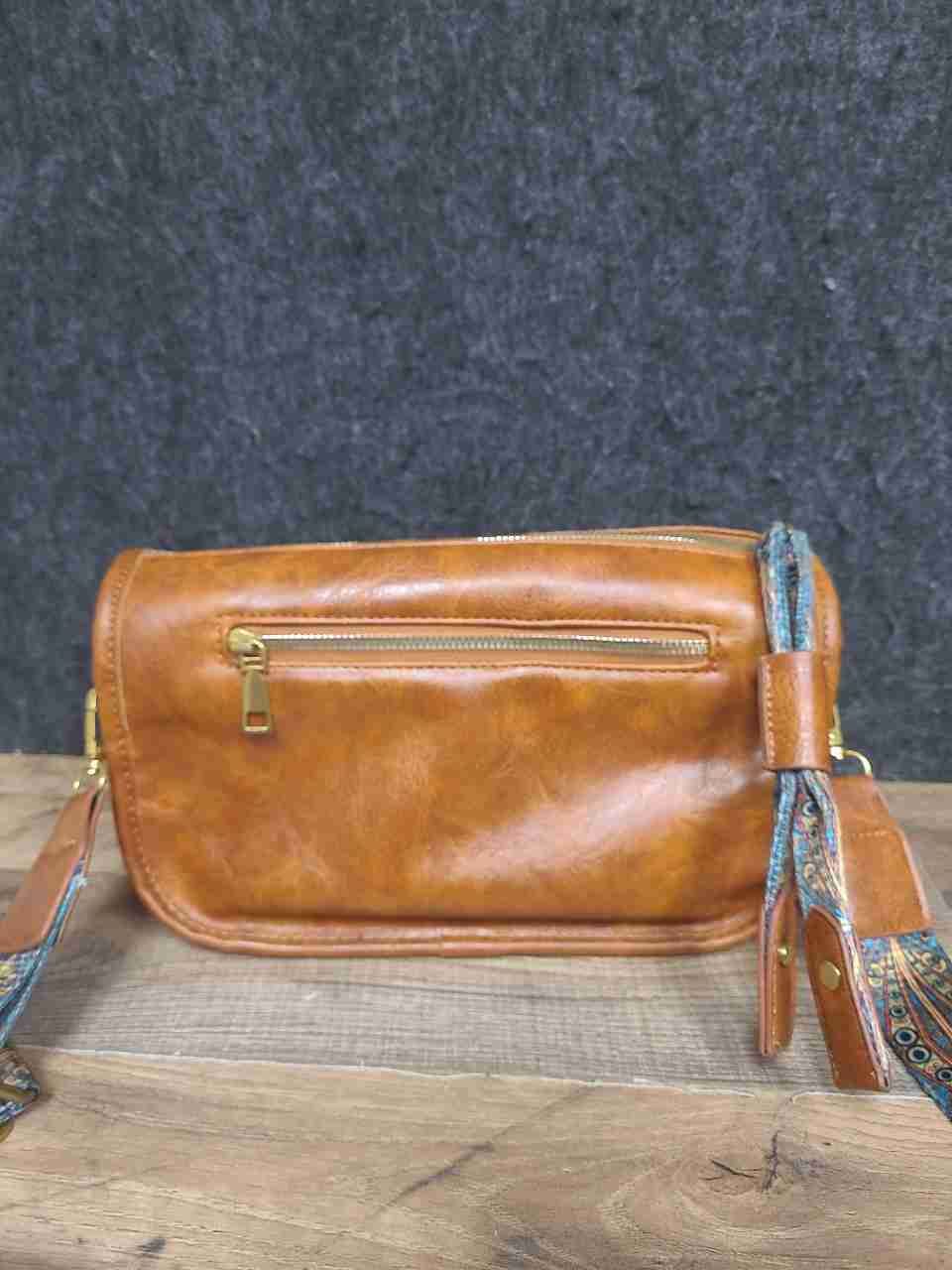 Tan Faux Leather Crossbody Bag with Colorful Patterned Guitar Strap Gold Tone