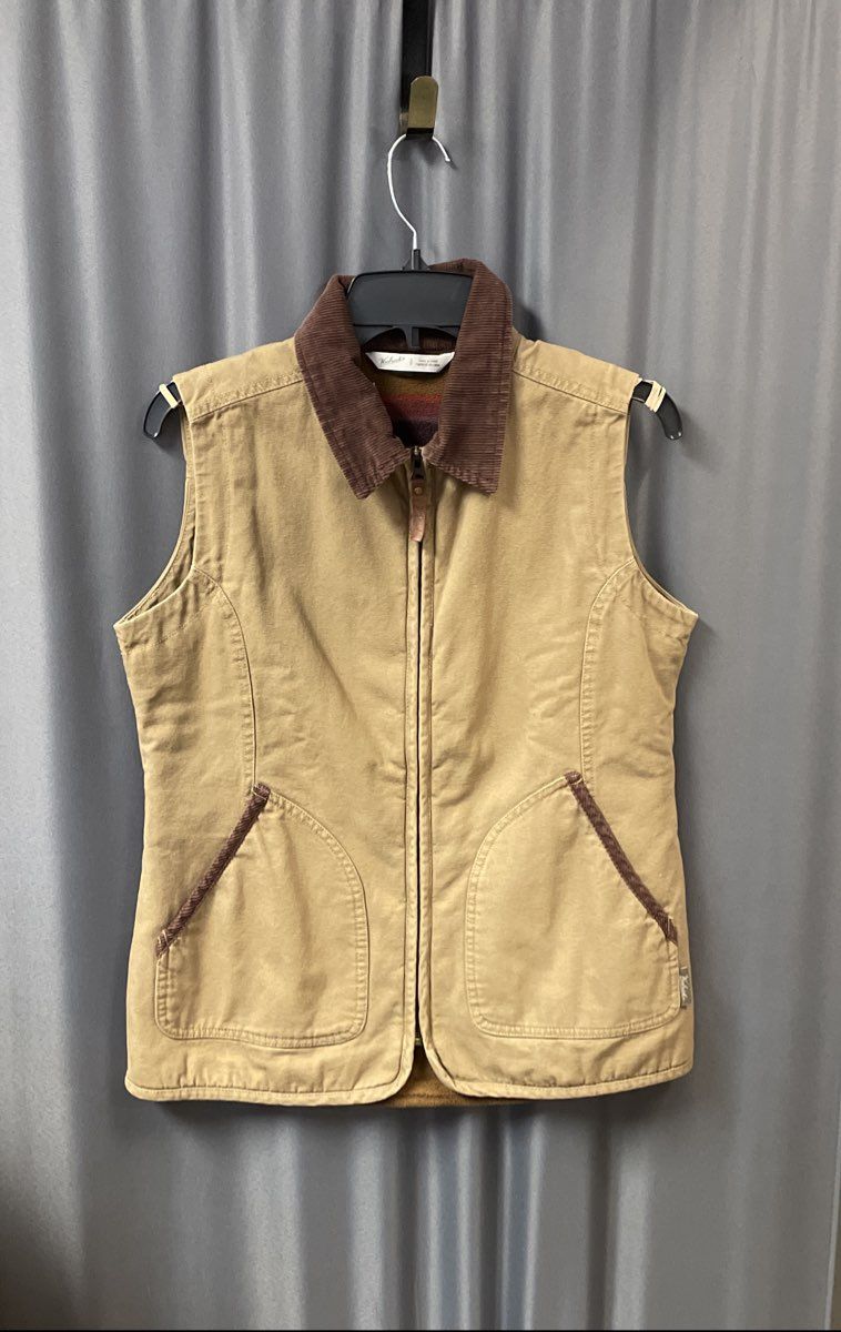 Woolrich Women's Tan Cotton Canvas Fleece Lined Utility Vest Corduroy Trim Sz S