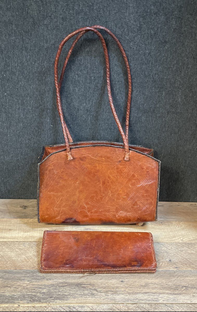 Vintage 1970s Brown Tooled Leather Handbag and Matching Wallet Set
