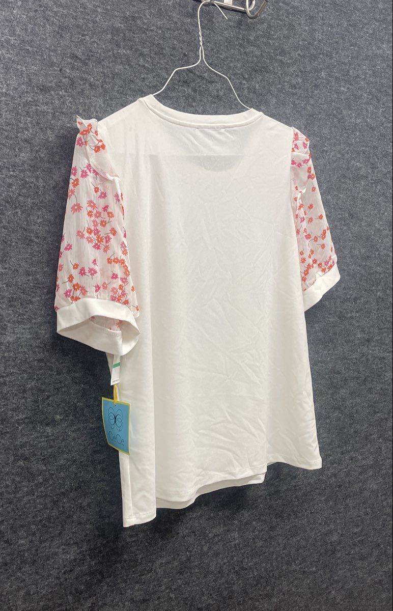 CeCe Women's White Floral Ruffle Sleeve Mixed Media Crew Neck Top Sz L NWT
