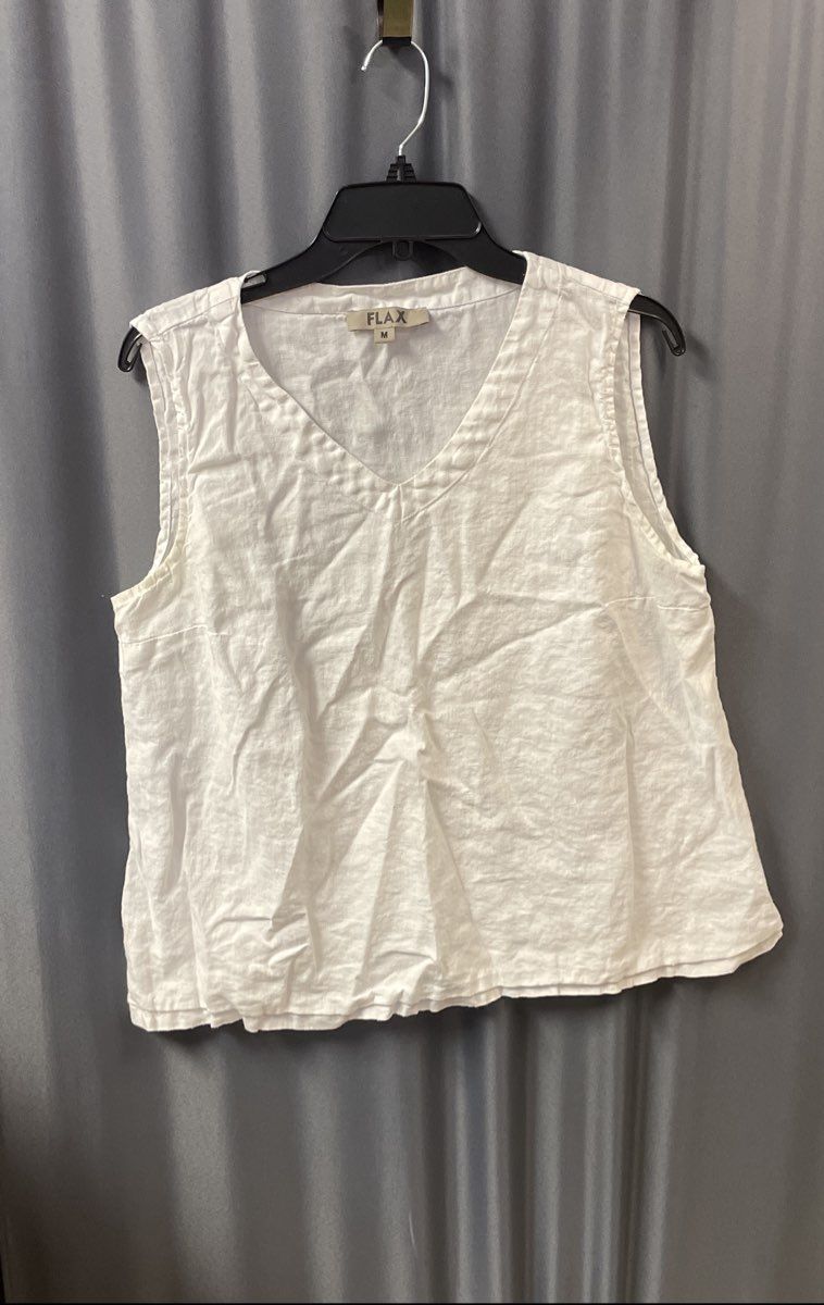 Flax Women's White Sleeveless 100% Linen V-Neck Tank Top Sz M