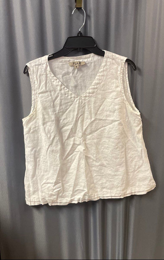 Flax Women's White Sleeveless 100% Linen V-Neck Tank Top Sz M