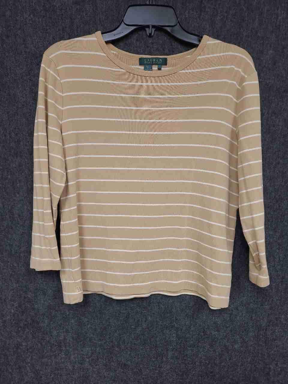 Lauren Ralph Lauren Women's Tan White Striped 3/4 Sleeve Top Sz L