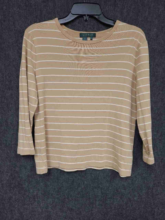 Lauren Ralph Lauren Women's Tan White Striped 3/4 Sleeve Top Sz L