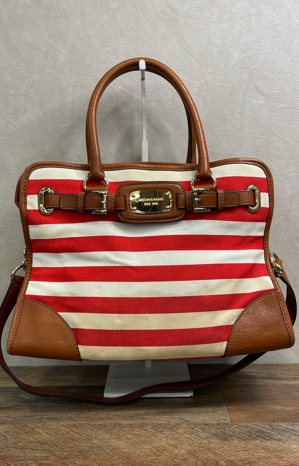 Michael Kors Red White Striped Canvas Leather Tote Satchel Bag Gold Hardware