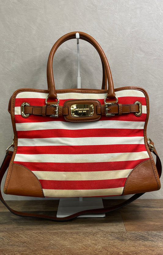 Michael Kors Red White Striped Canvas Leather Tote Satchel Bag Gold Hardware