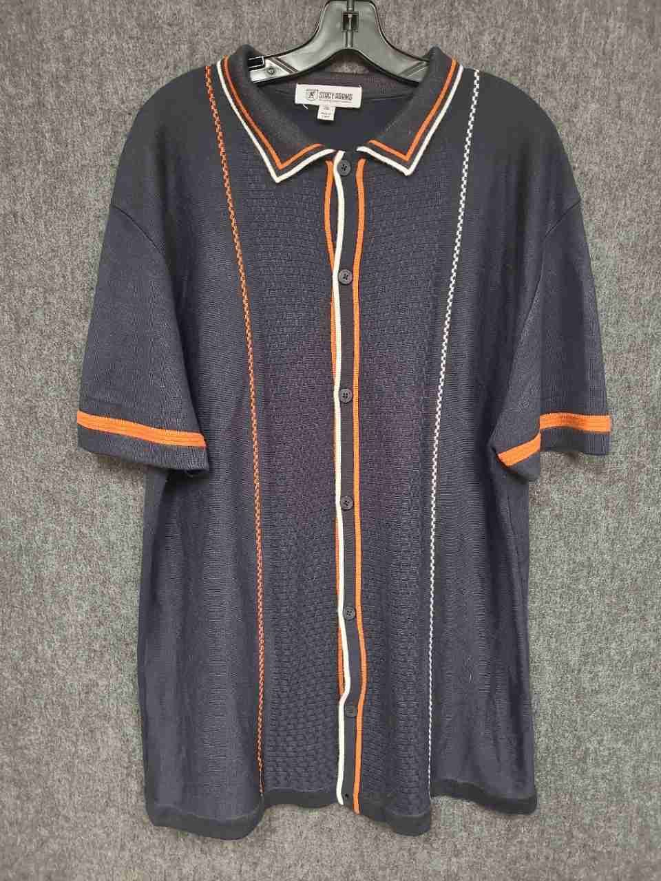 Stacy Adams Men's Navy Blue Knit Button-Front Short Sleeve Striped Shirt Sz 2XL