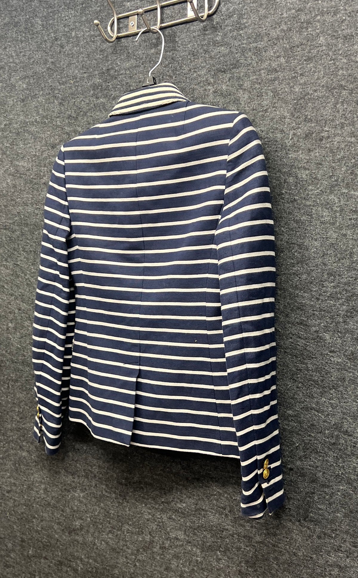 J.Crew Women's Blue White Striped Schoolboy Blazer Gold Crest Buttons Sz 0
