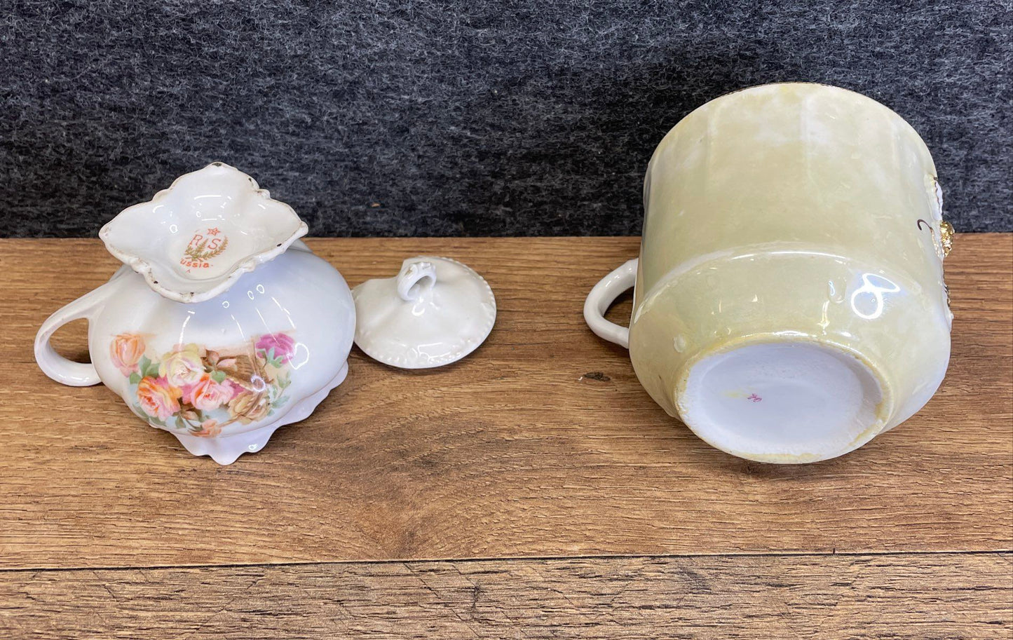 Antique Victorian Gilded Moustache Cup and Vintage Porcelain Russian Sugar Bowl