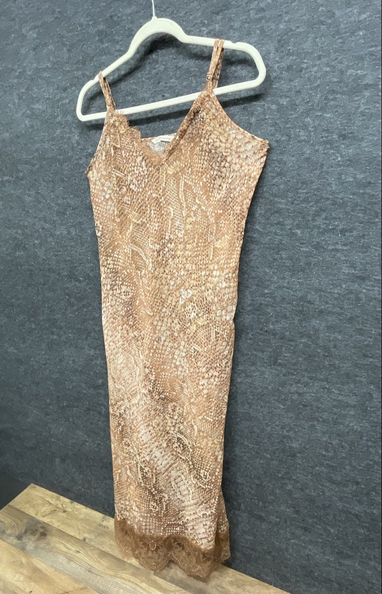 Soft Surroundings Women's Tan Snakeskin Print Lace Trim Maxi Slip Dress Size L