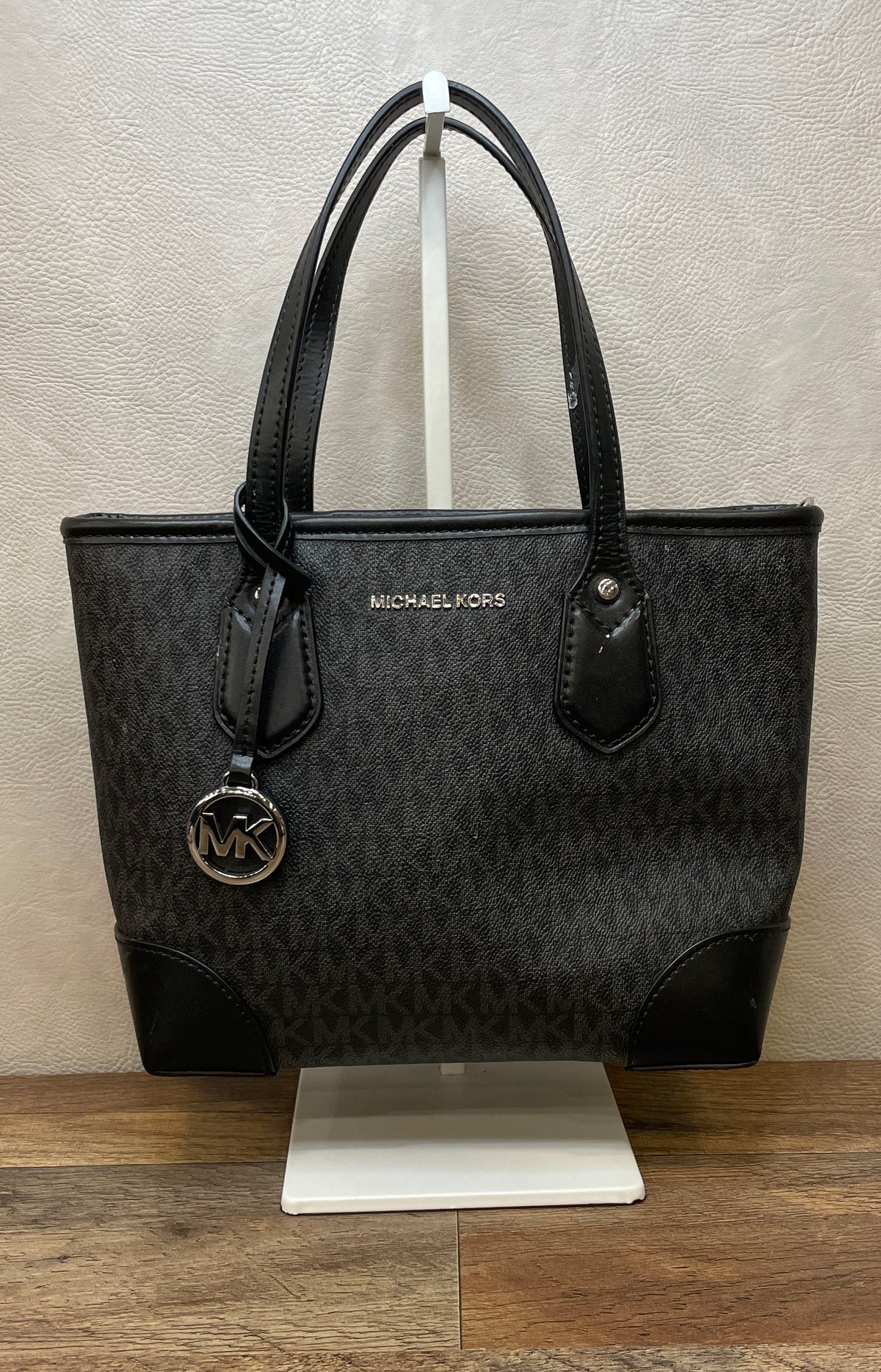 Michael Kors Black Monogram Coated Canvas Tote Bag Silver Hardware