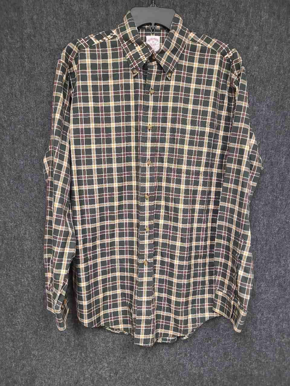 Brooks Brothers Men's Green Brown Plaid Supima Cotton Non-Iron Shirt Sz M