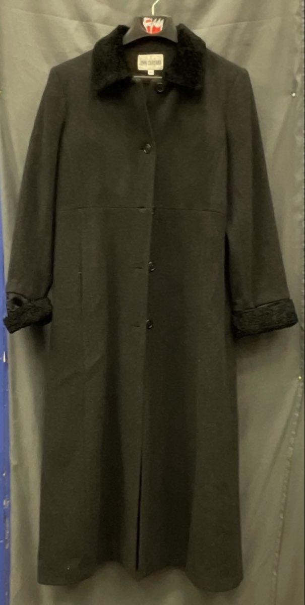 Vintage 90s John Caruana Women's Black Merino Wool Faux Lamb Trench Coat Size 14