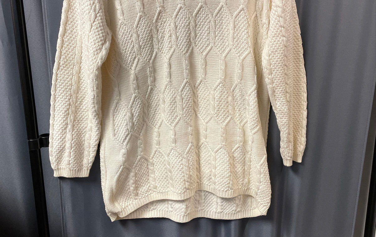 Wainscott Women's White Cable Knit Cotton Mock Neck High Low Hem Sweater Sz M