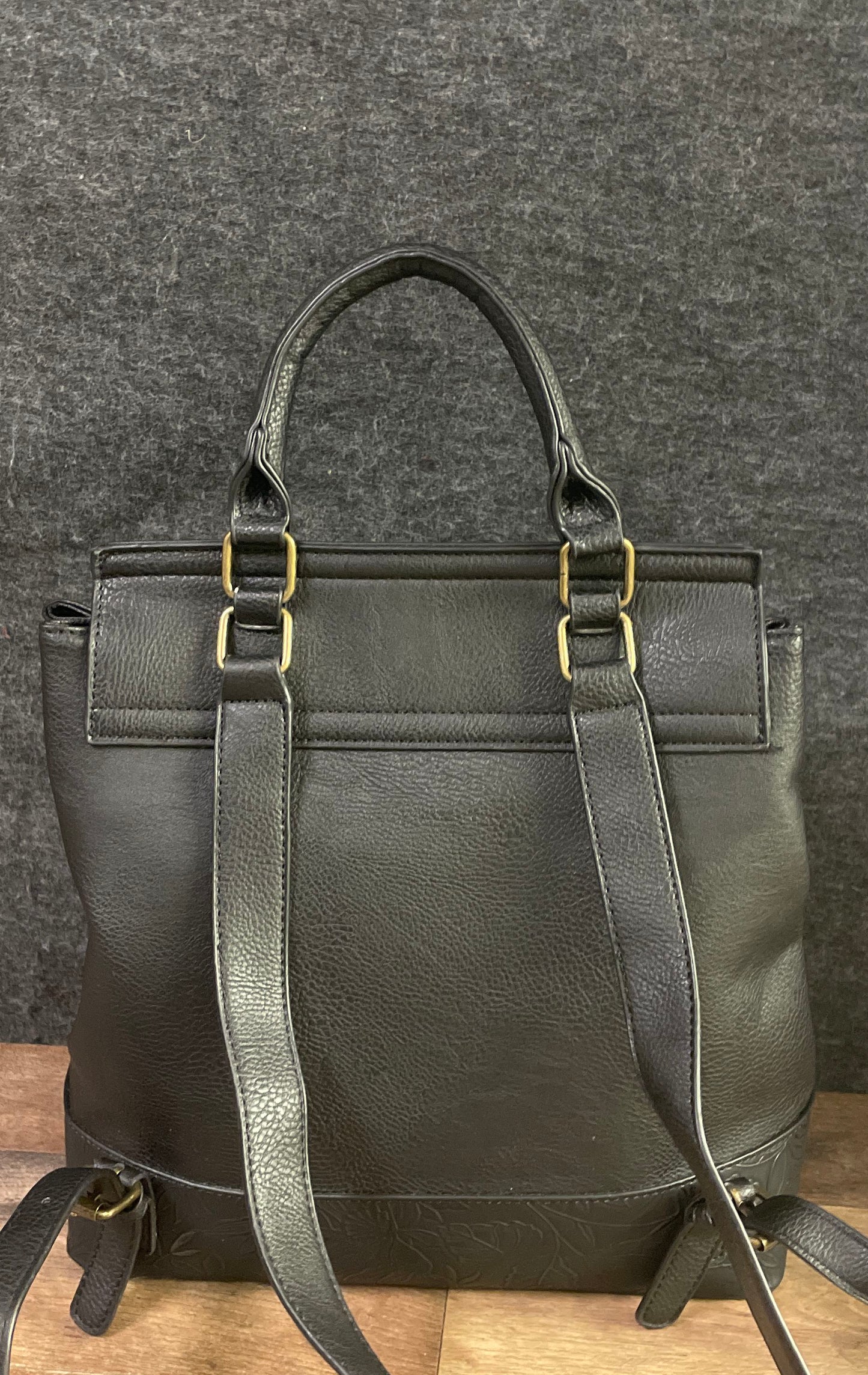 Darcy Marks Black Floral Embossed Pebbled Leather Backpack Handbag Gold Hardware