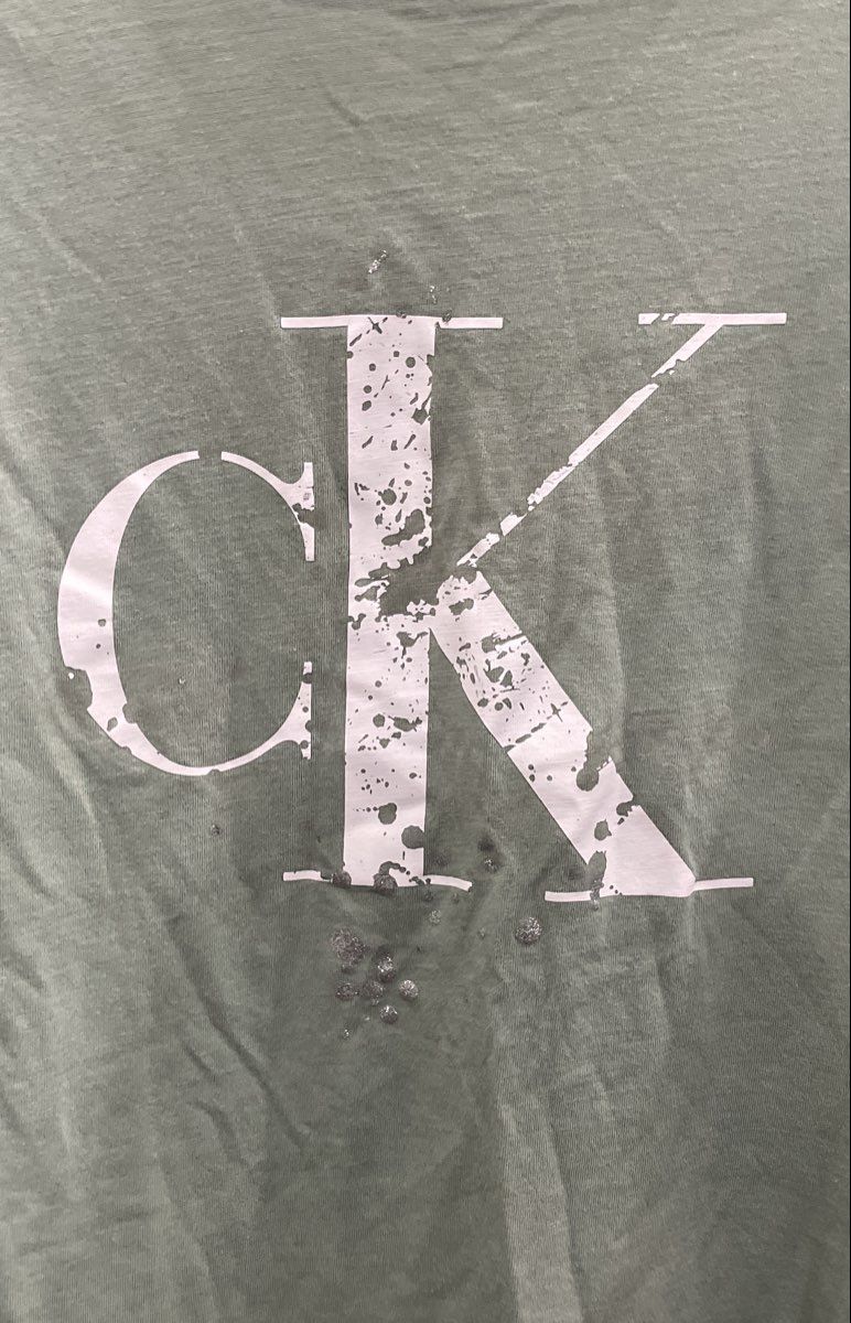 Calvin Klein Jeans Women's Sage Green Distressed Logo Glitter T-Shirt Sz XL