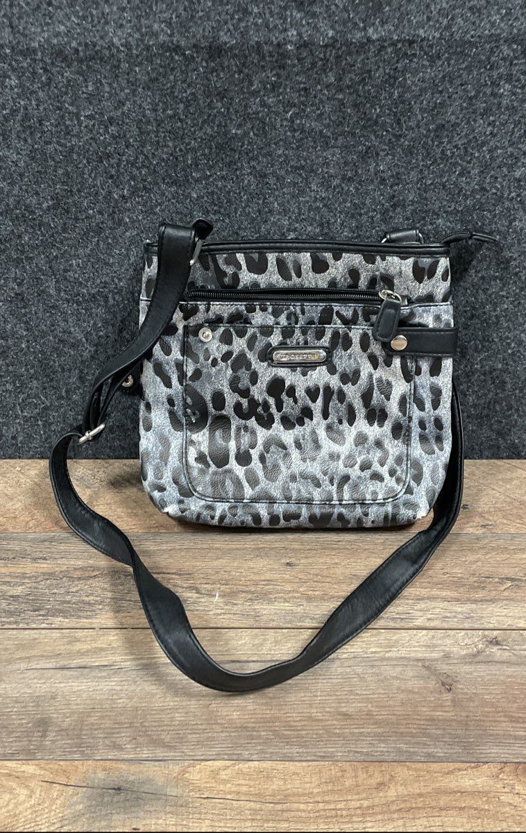 Rosetti Grey Black Leopard Print Crossbody Bag Multi-Pocket Silver Hardware
