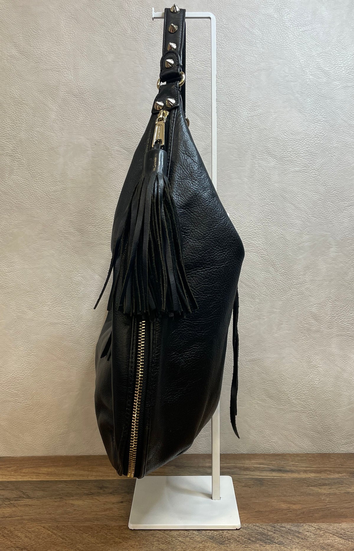 Rebecca Minkoff Black Pebbled Leather Hobo Bag Studded Gold Hardware Tassel