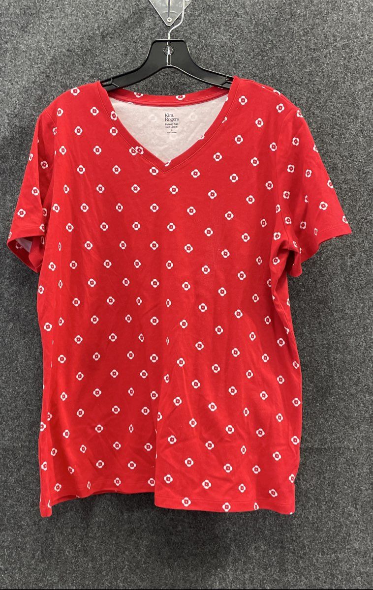 Kim Rogers Women's V-Neck T-Shirts Lot of 2 Red Blue Geometric Print Sz L