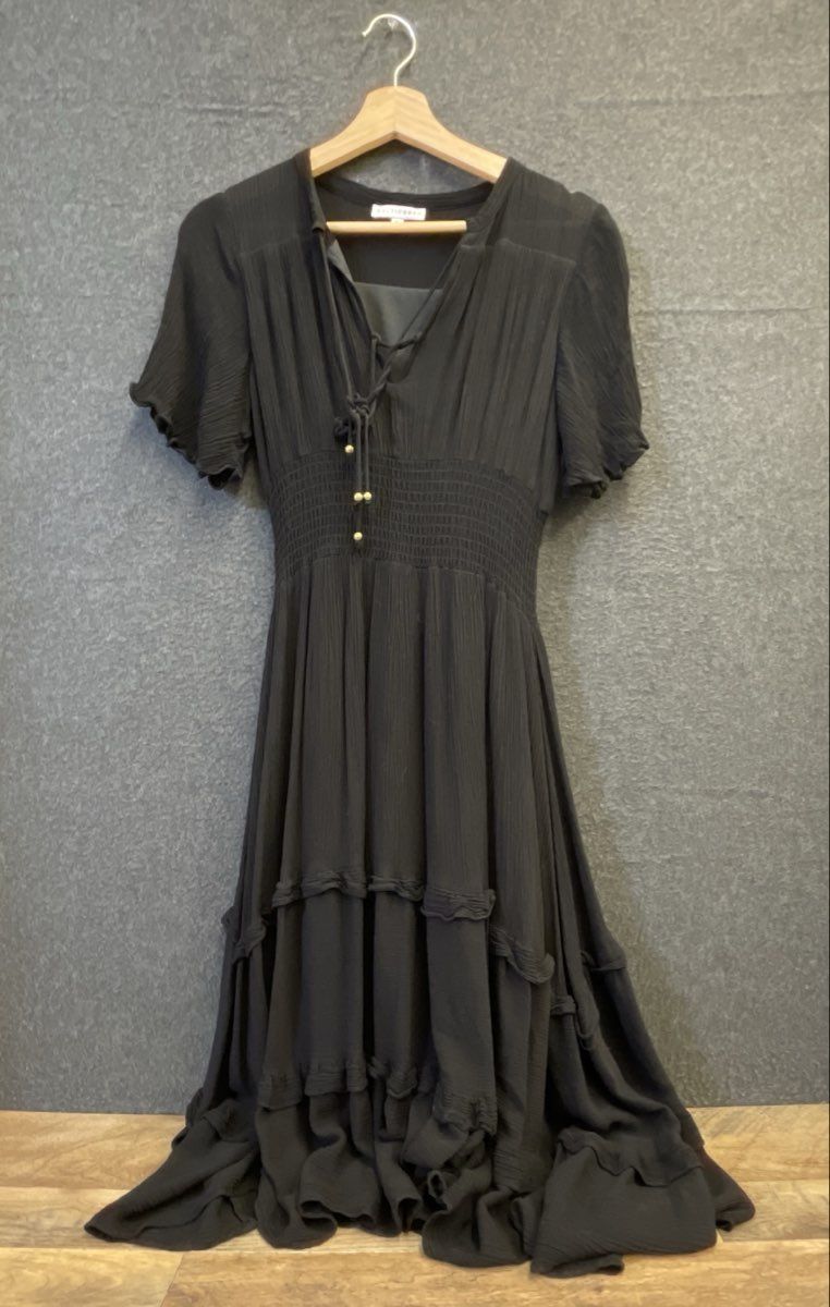 Baltic Born Women's Black Smocked Waist Tiered Ruffle Rayon Dress Size S
