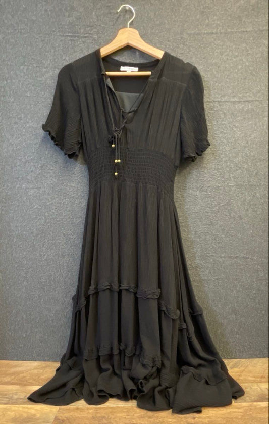 Baltic Born Women's Black Smocked Waist Tiered Ruffle Rayon Dress Size S