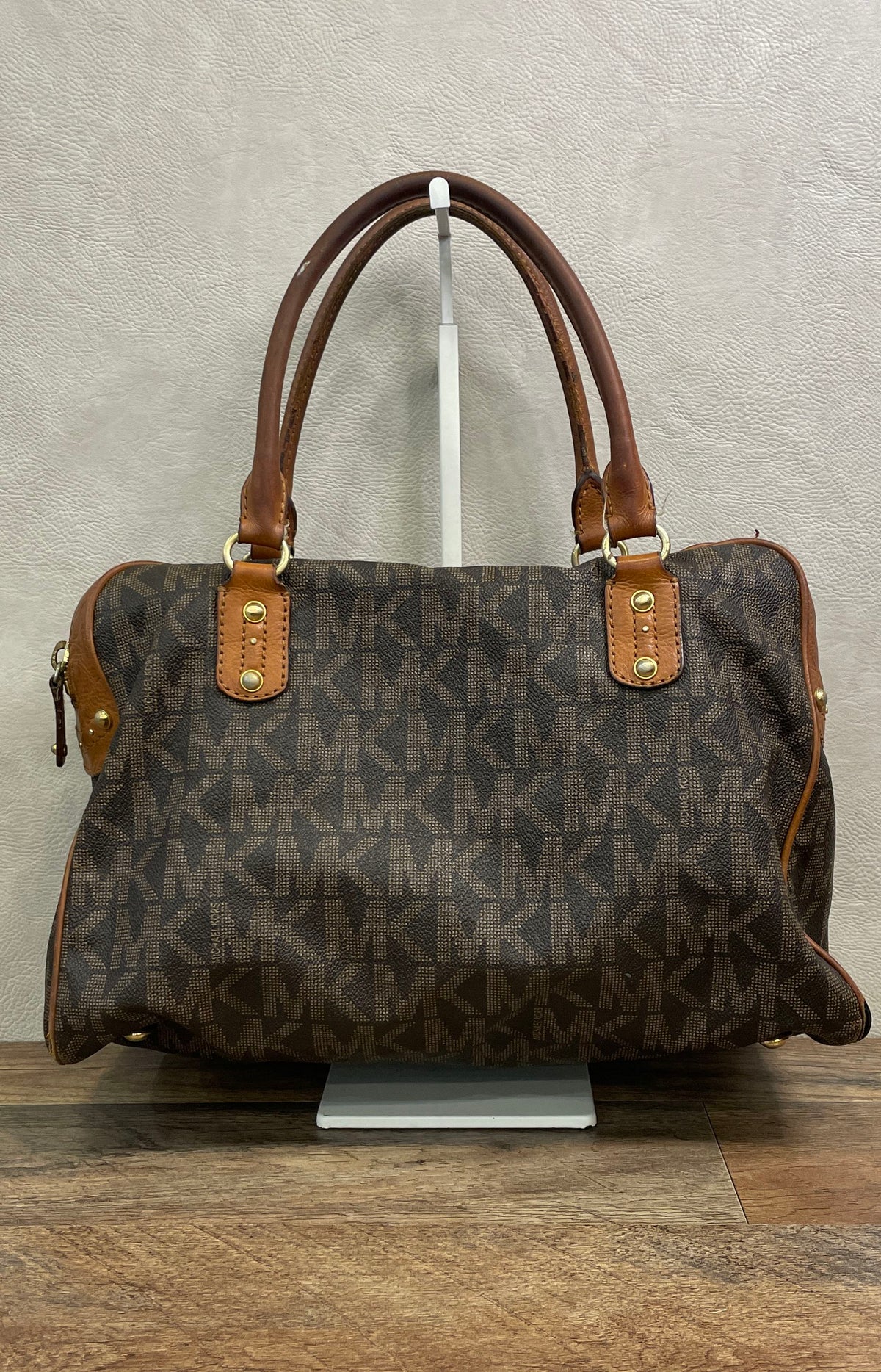 Michael Kors Brown Monogram Canvas Satchel Handbag Gold Hardware