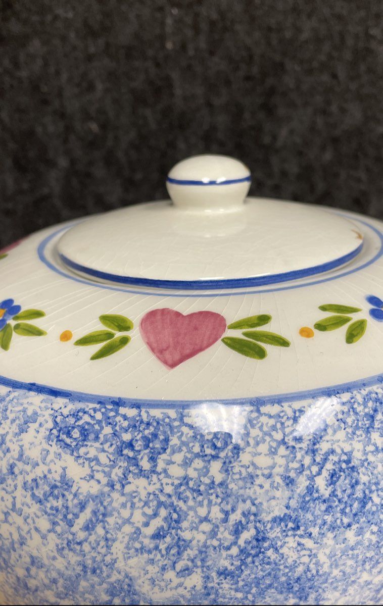 R.B. Bernarda Blue Spongeware Heart Floral Teapot Portugal Vintage Earthenware