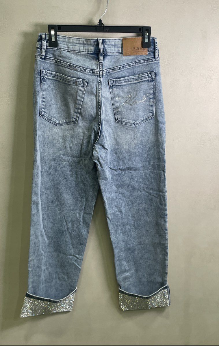 Karl Lagerfeld Women's Light Wash Rhinestone Cuff Cropped High Rise Jeans Sz 4