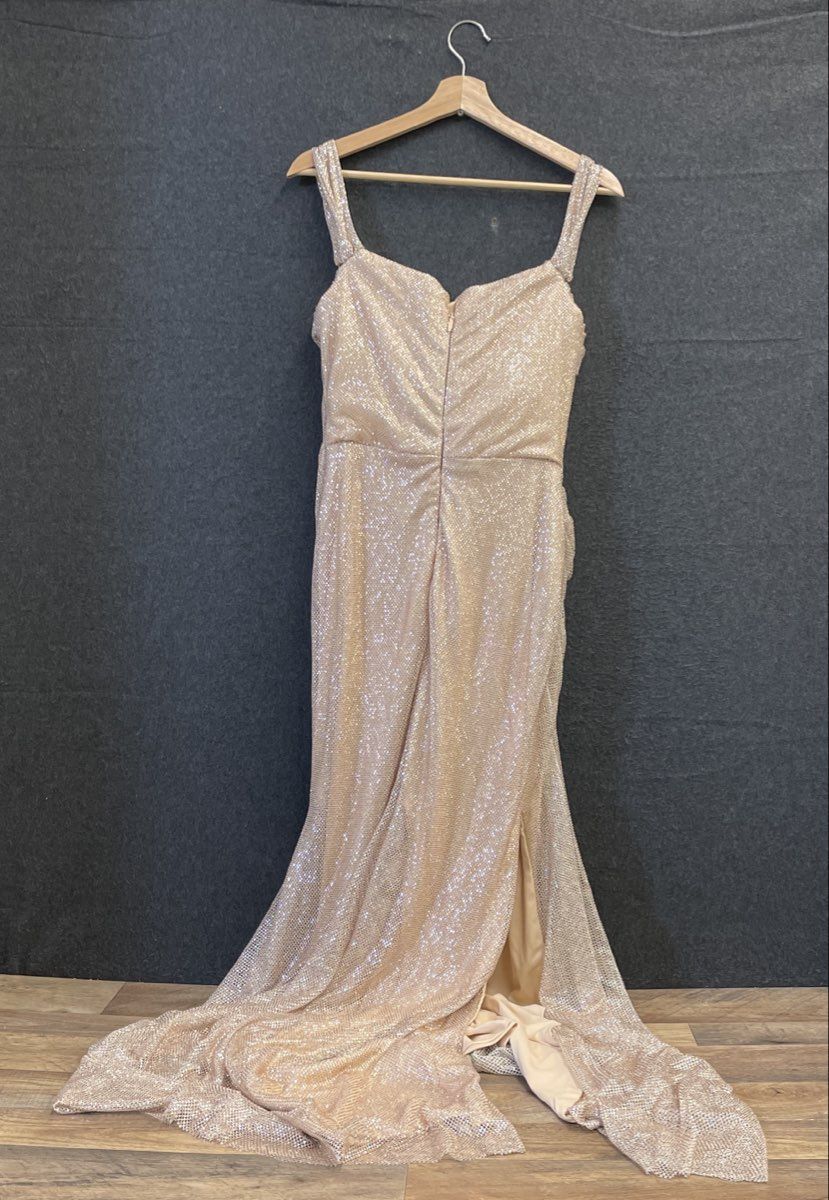 Ballbella Women's Rose Gold Sparkling Metallic Ruched Draped Gown NWT