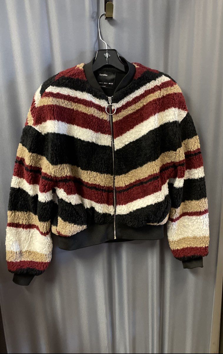 Bershka Women's Striped Zip Up Fuzzy Sherpa Jacket Ring Pull Bomber Sz S