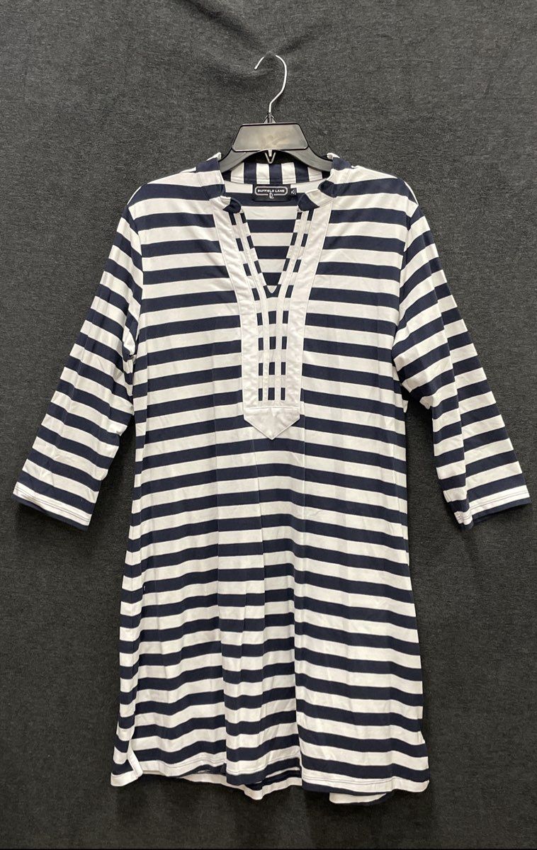 Duffield Lane Women's Navy Blue White Striped 3/4 Sleeve Tunic Knit Dress Sz XL