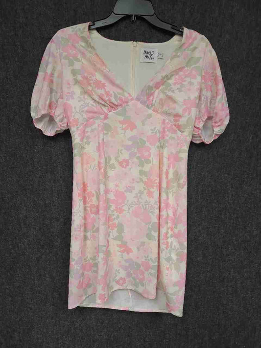 Princess Polly Women's Pink White Floral Puff Sleeve V-Neck Mini Dress Sz 6