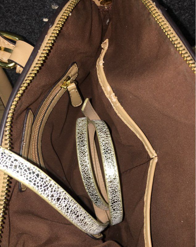 Adrienne Vittadini Beige Ostrich Embossed Satchel Handbag Gold Hardware