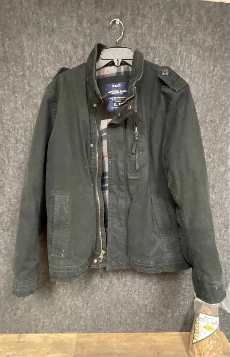 American Eagle Men's Black Canvas Field Jacket Plaid Lined Full Zip Sz XL