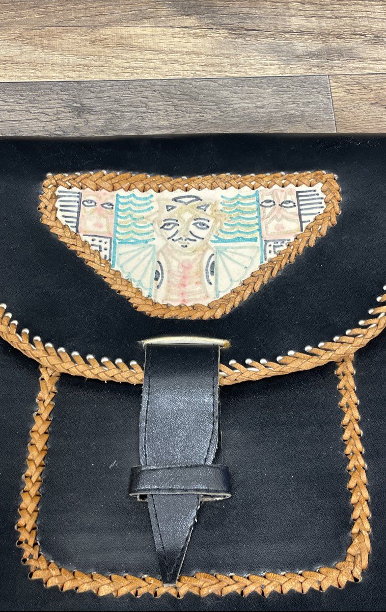 Vintage Handcrafted Black Leather Hand Painted Folk Art Crossbody Bag