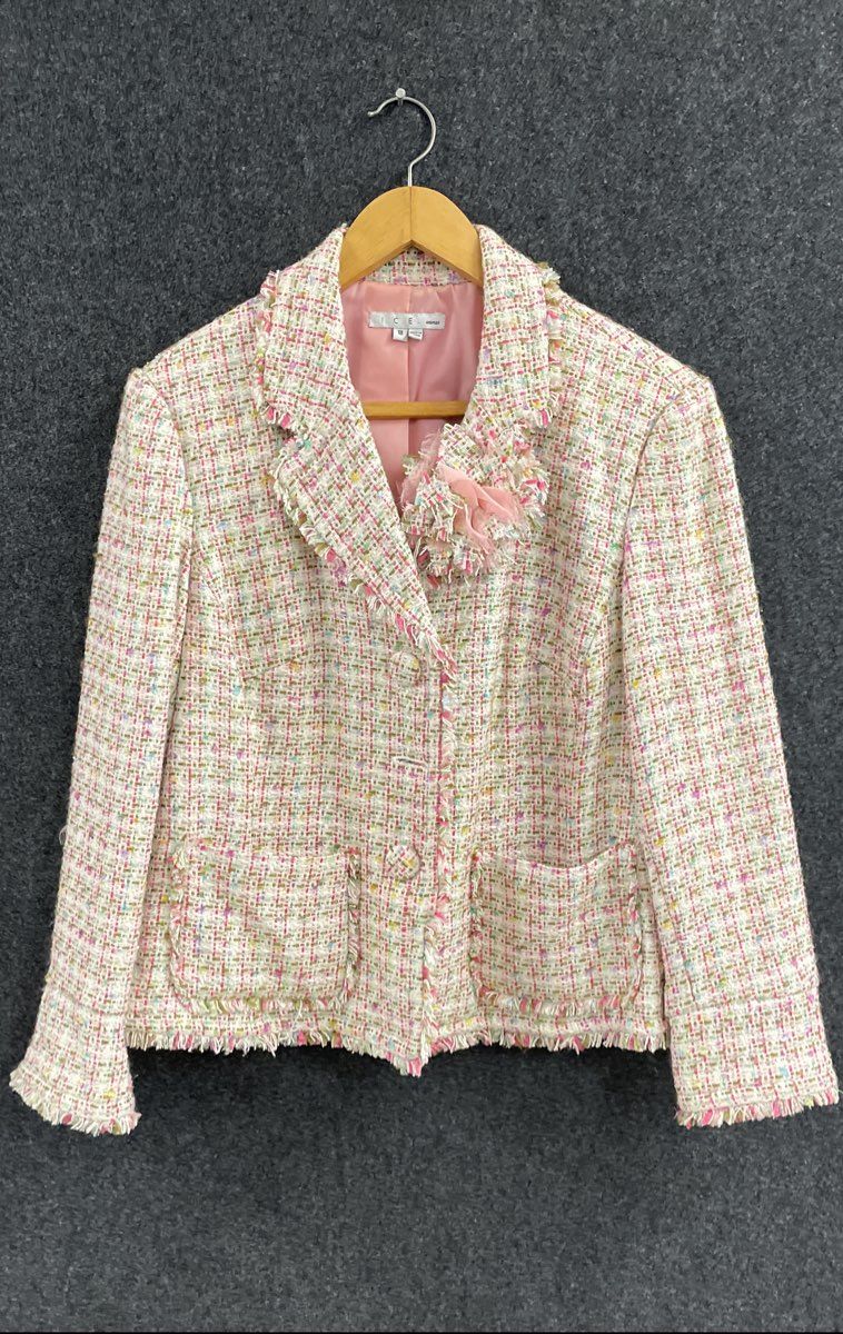 I.C.E. Woman Women's Pink Multicolor Boucle Tweed Fringed Blazer Jacket Sz 18