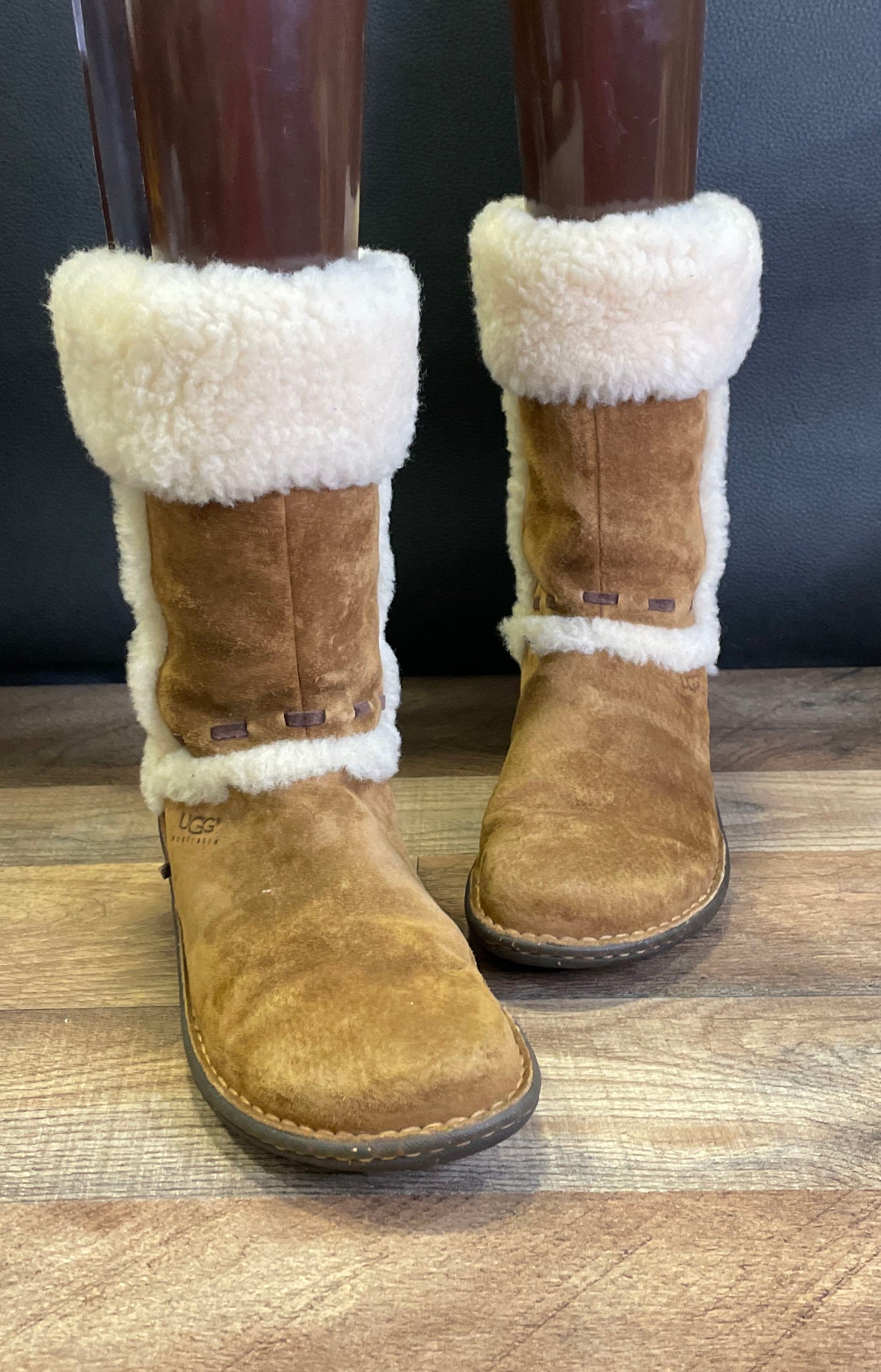 UGG Sunburst Tall Chestnut Suede Sheepskin Boots Size 6