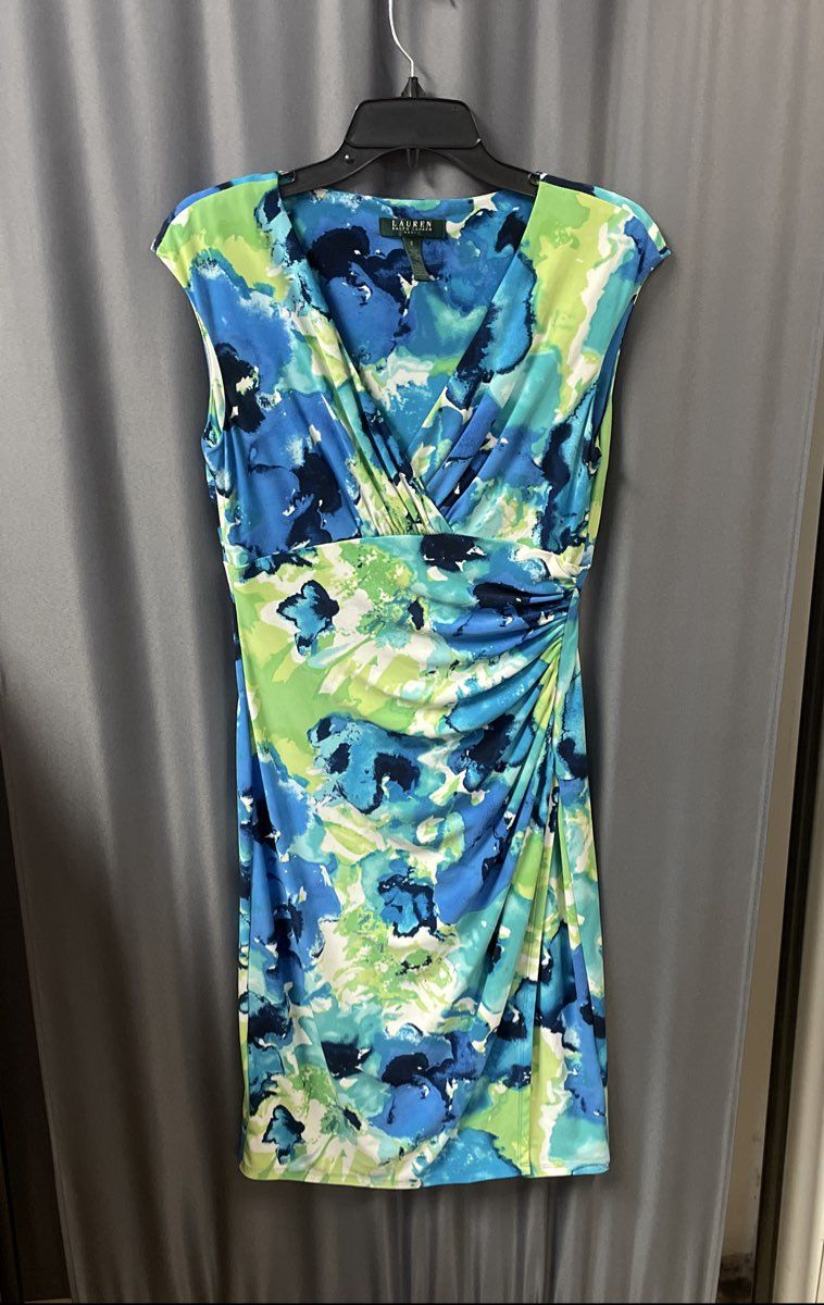 Lauren Ralph Lauren Blue Green Watercolor Floral Ruched Dress Sz 6
