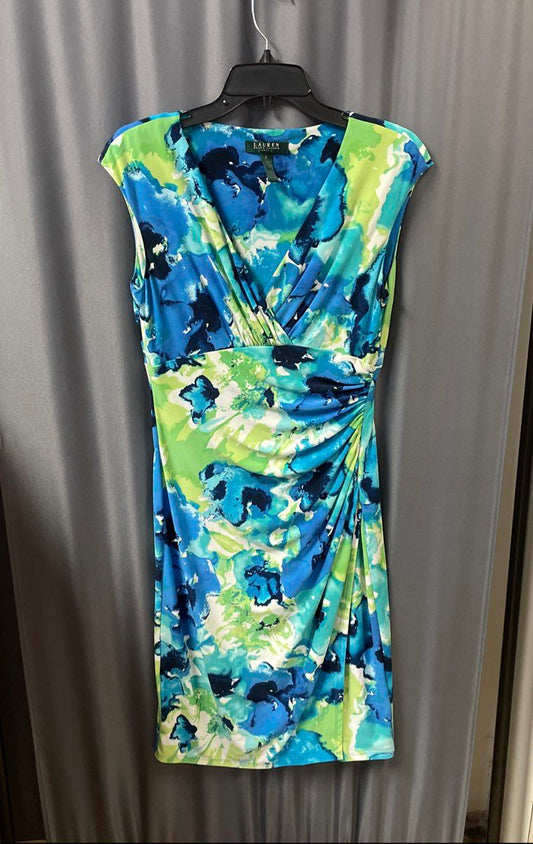 Lauren Ralph Lauren Blue Green Watercolor Floral Ruched Dress Sz 6