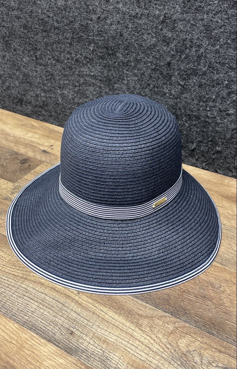 Lands' End Women's Navy Blue Wide Brim Straw Hat Striped Band Sz S-M