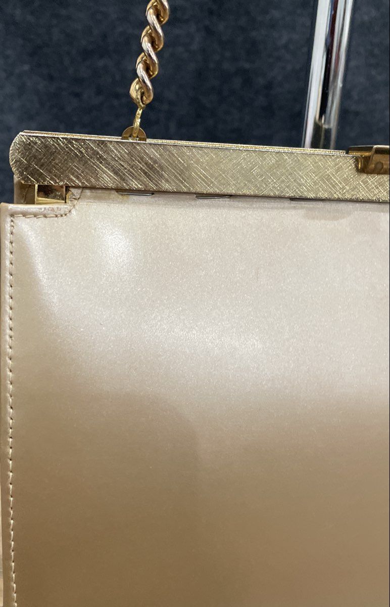 Vintage Andrew Geller Tan Leather Frame Clutch Shoulder Bag Gold Chain