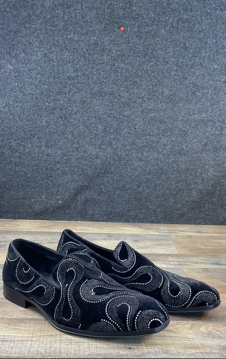 Stacy Adams Swainson Black Silver Paisley Velvet Slip-On Loafers Size 12