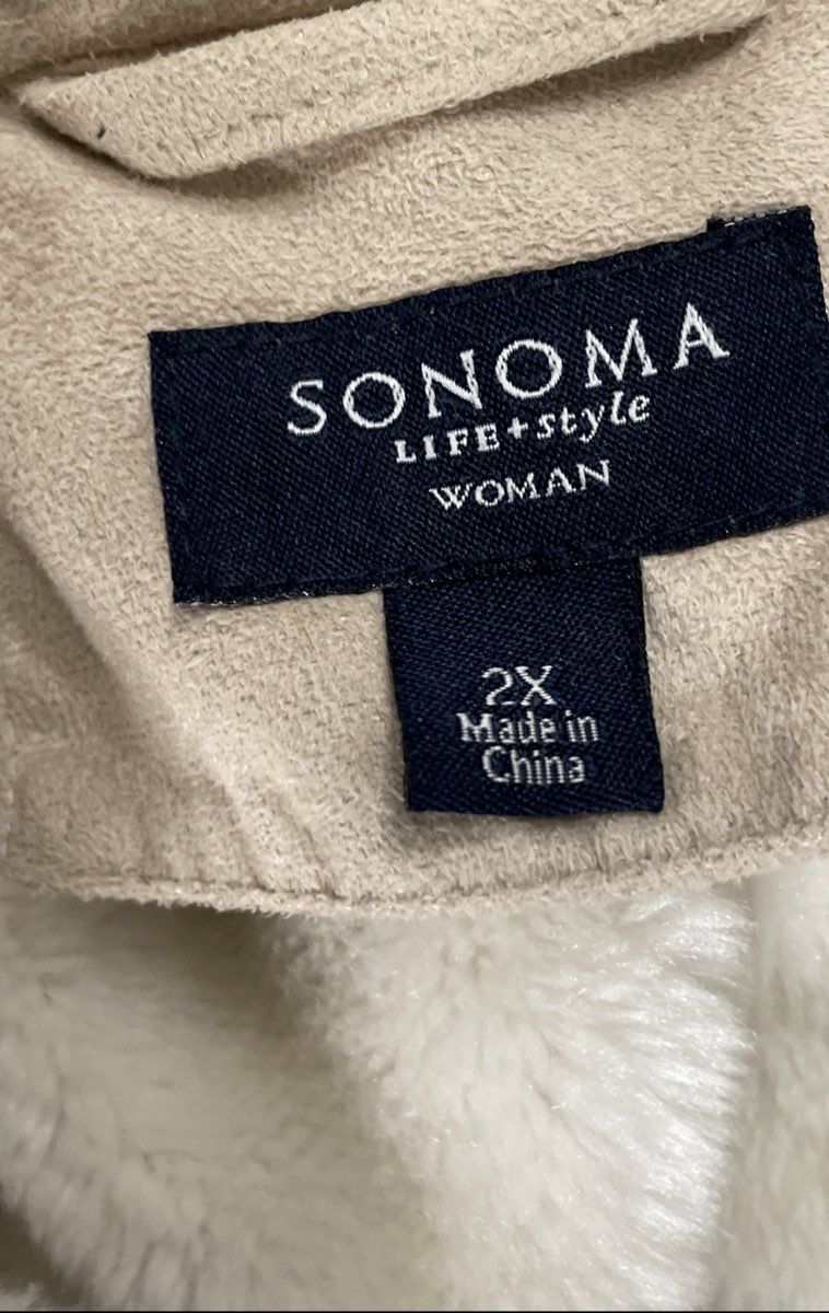 Sonoma Women's Tan Faux Suede Shearling Hooded Full Zip Coat Sz 2X