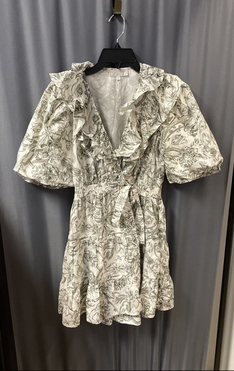 Caroline Constas Women's Green White Floral Ruffled Puff Sleeve Wrap Dress Sz S