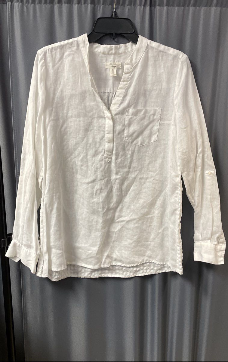Charter Club Women's White Linen Blouse Roll Tab Sleeve Textured Back Size M