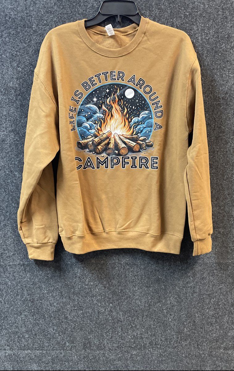 Jerzees Men's Tan Life Is Better Around A Campfire Graphic Sweatshirt Sz M