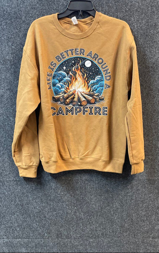 Jerzees Men's Tan Life Is Better Around A Campfire Graphic Sweatshirt Sz M