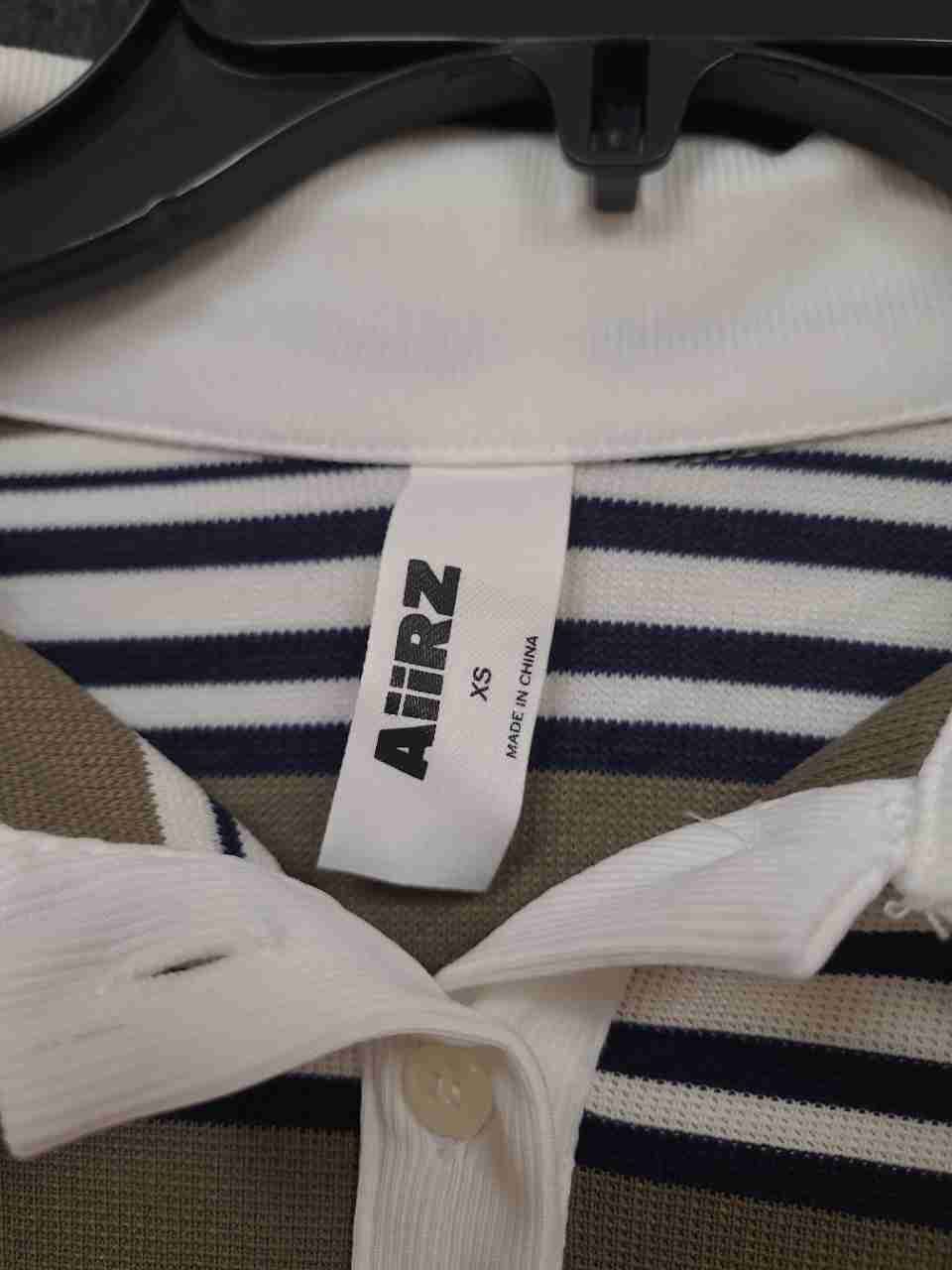 Aiirz Women's Striped Long Sleeve Polo Cropped Top Olive Navy Smocked Waist XS