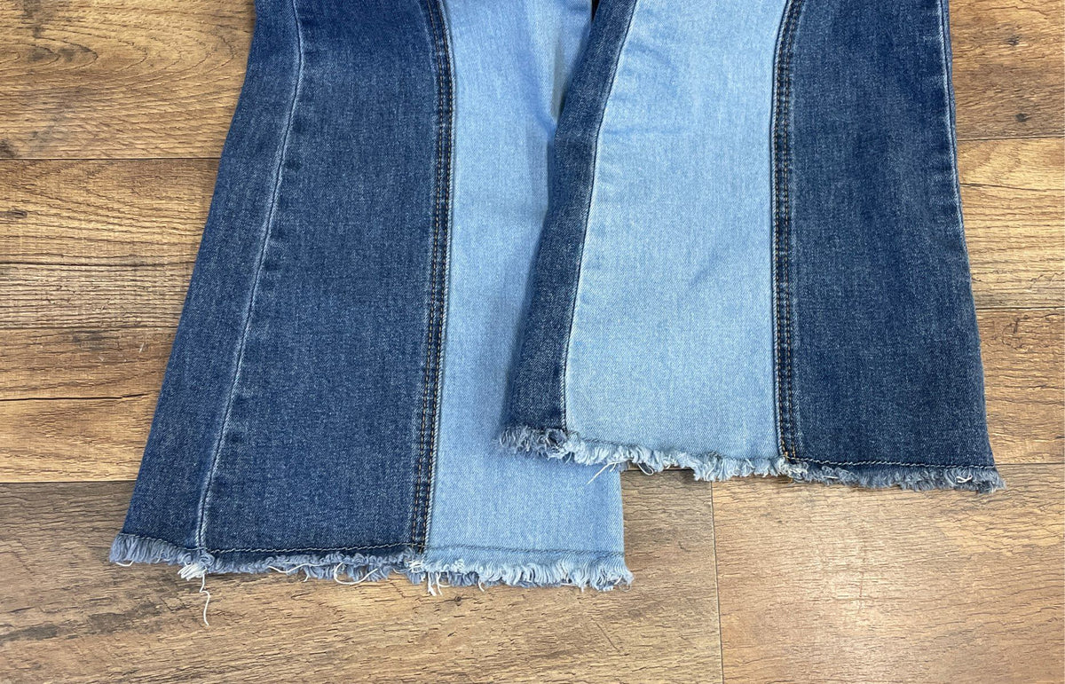 Madden NYC Women's Blue Patchwork Raw Edge Flared Jeans Sz 1